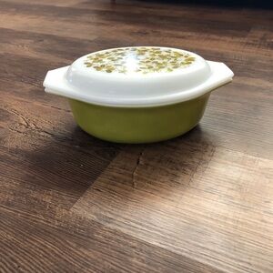 Vintage Pyrex Floral Casserole Dish - Green and White